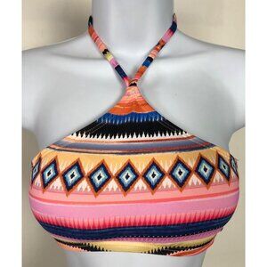 Hobie Halter Bikini Top Women Size M Orange Blue Halter Stripes Diamonds New